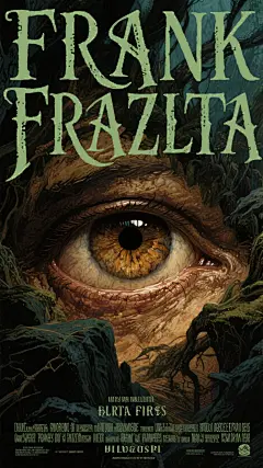 Frank Frazetta绘画风格，奇幻绘画大师，奇幻风格电影海报，风格，极繁主义，不对称构图。磨砂感、极具艺术感、震撼人心、视觉冲击力、咖色和深绿色，