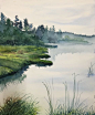 New York artist Bill Greiner's monochromatic watercolor of a foggy morning along the river.
