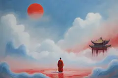 中的红色建筑汉服男子凝视月亮巨大