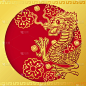 插图的金色中国龙在红色和金色的圆圈框架与樱花在背景向量和插图设计