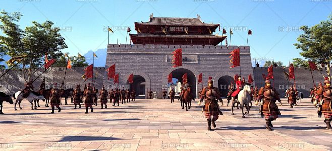 17古建筑 宫殿 行军队伍 出兵 将军 士兵战士 骑马动画 战争打仗 战场 古代军队战旗 洛阳城出征