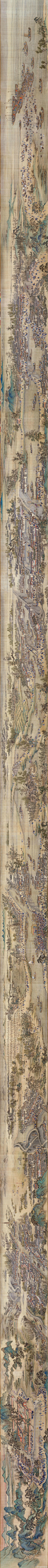 #虞山派#【 清 王翚 《康熙南巡图》 】稿本第九卷，绢本设色，67.8×2,227.5cm，北京故宫藏。 《康熙南巡图》共12卷，与杨晋等人合作，每卷长度约在10米、20余米长短不等，宽约60余厘米，堪称当时最长的宫廷画卷珍品。第九卷讲述了玄烨一行已经从浙江杭州出发，渡钱江塘，经萧山县，抵达绍兴府大禹陵。