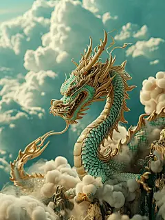 创意逼真立体金龙云朵玉雕微型景观模型艺术摄影海报midjourney关键词咒语-Ai宇宙吧-
