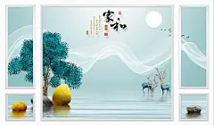 亮十一812-新中式意境禅意抽象线条麋鹿鹅卵石松树家和富贵