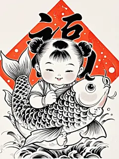 年画娃娃｜福娃贺新春黑白插画设计 - 小红书