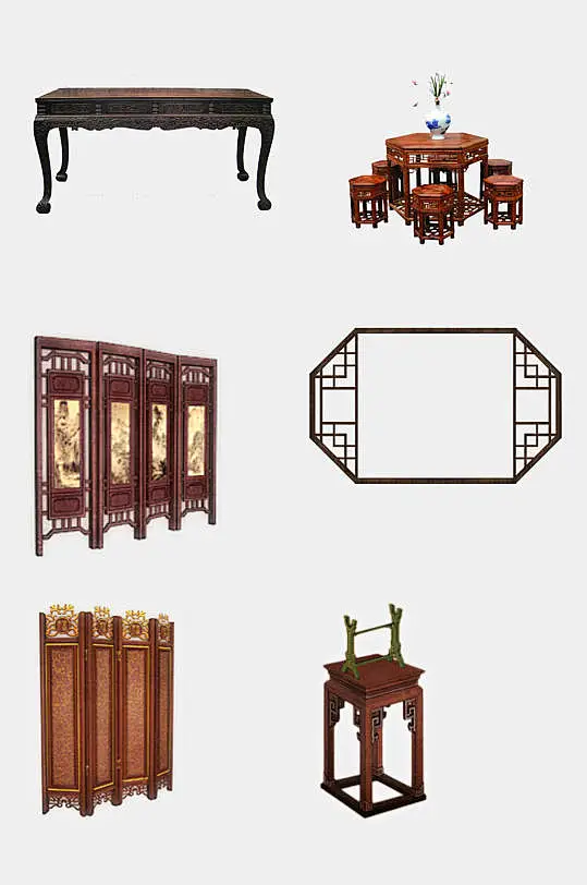 古风家具屏风餐桌免抠元素-花瓣网