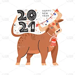 2021年的象征是公牛。戴花环和铃铛的牛。新年贺卡。中国生肖符号与创意的字母。矢量插图海报，卡片，包
