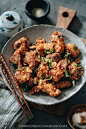 Salt & Pepper Pork Chops | Omnivore's Cookbook ~ Very simple with minimal ingredients. Bite-size chops briefly marinated in Shaoxing wine, oil, cornstarch & salt. Sliced garlic & jalapeno pepper are fried in oil first. Chops are dredged in cor