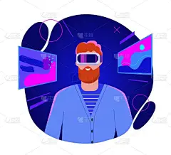 变形金刚的男人戴Vr眼镜的年轻人，背景是蓝色霓虹灯。数字世界、小玩意和装置。技术开发，未来主义。虚拟
