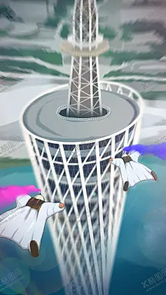 广州塔插画塔极限运动 【酷图网】广州塔,小蛮腰,塔,广州,蹦极,跳伞,极限运动,运动,插画,手绘,鸟瞰,海边,滑翔,飞翔,翼装飞行,飞行