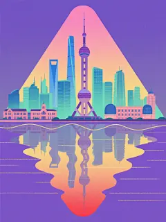 1. 扁平风格的上海城市天际线插画，以渐变的蓝色和紫色为主色调，东方明珠电视塔与上海中心大厦位于画面中央，建筑群采用由左至右升高的阶梯式排列，底部紫色水面倒影呈现对称镜像效果。

2. 扁平风格的上海城市天际线插画，以渐变的粉色和橙色为主色调，将陆家嘴建筑群旋转45度角对角线构图，上海环球金融中心作为视觉焦点，底部采用波浪形水面线条，倒影呈现扭曲扩散效果。

3. 扁平风格的上海城市天际线插画，以渐变的绿色和青色为主色调，建筑群采用半圆形环绕布局，外滩历史建筑与浦东现代高楼形成时空对话，底部水面用水平虚线