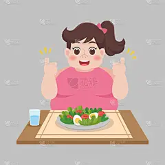 清洁食品健康，胖女人准备吃蔬菜沙拉，减肥概念卡通片.