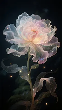 超现实主义，高清壁纸，简约，萨尔瓦多 达利，新工笔，创意摄影，高清摄影,由光影和线条组成的花朵的形态,没有实体，梦幻般的自然景观,彩色薄纱质感，像雾像云又像风,GIF,动画,逼真而又空灵,黑暗中盛开的花朵，层层叠叠的，薄如蝉翼，随风摇曳，风情万种，发光粒子,魔幻而浪漫,迷人的灯光,闪闪发光,细节描绘，透明的层次,一闪而过的细节,光与色,弥散渐变，