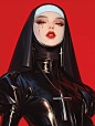 A beautiful nun with a cross on her lips against a red background, wearing a black latex outfit with gold details, in the style of David Uhl and Jeanloup Sieff, from a Vogue cover photo with a maximalist composition trending on Instagram. --ar 3:4