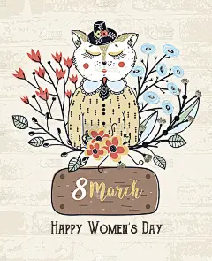 3月8日。妇女节快乐。彩色的问候背景与可爱的猫在花。春天的节日。素描的动物