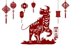 牛年春节的贺卡上有一头牛和灯笼吊饰图片下载