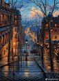 国外夜景油画，城市夜景油画