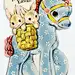 This may contain: an easter card with two rabbits riding on the back of a blue horse and holding a basket