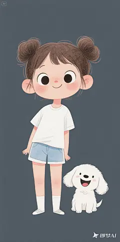 jimeng-2025-05-08-528-杰作, 最好的质量, 水彩绘画，卡通人物设计。白T恤，短裤，肖像，1 个女孩和一条小狗, 大眼睛，可爱的表情，两个发髻，有趣的，大笑，清晰的线条，留着空白，