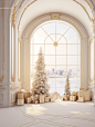In the style of luxurious geometry,a white christmas room with christmas tree and gifts, golden light, arched doorways, realistic landscapes with soft, tonal colors, vignettes of paris,minimalist detail, soft shading, uhd image
