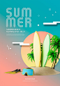 渐变夏季海边沙滩小岛冲浪旅行音乐美食立体剪纸海报PSD设计素材