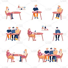 一组男女朋友公司坐在咖啡店里，在社交网络上在线留言，聊天和使用手机，喝咖啡。 放宽康乐活动漫画平面矢