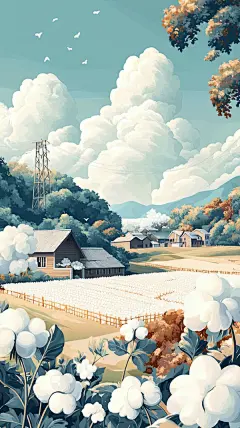 手绘棉花云朵风景插画