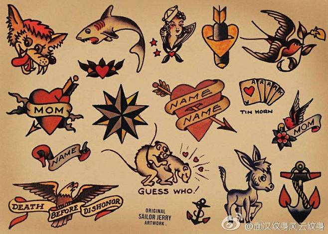 彩色oldschool小图案动物心脏船锚纹身手稿