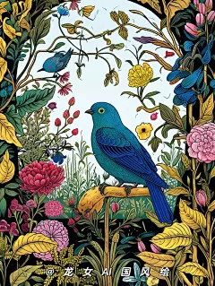 唯美·蓝鸟花园·线描插画