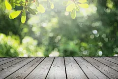 空木桌和模糊的自然花园背景。