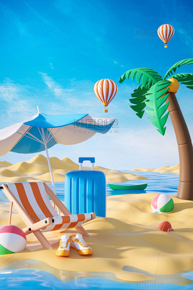 3D立体原创阳光沙滩海边度假夏日电商促销...