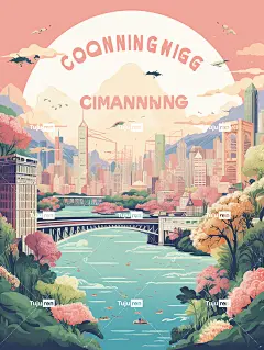 充满活力的重庆风景插图，以“重庆”地标、金双塔、重庆解放碑、