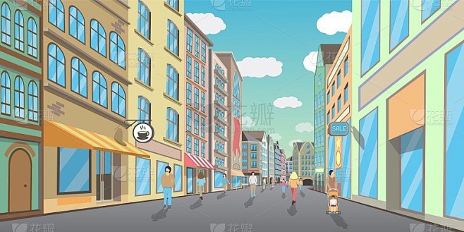 人们走在步行城市街道上，矢量平面插图
