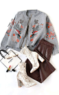 Grey Embroidery Zipper Up High Low Sweater Coat