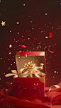 Open christmas gift box with golden ribbon and stars, in the style of surreal fashion photography, minimalist painter, red, folded planes, chinapunk, conceptual installation art, photorealistic detail