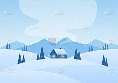 矢量插图:冬季卡通山景观与房子和烟从烟囱。
