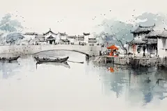 水墨徽派建筑插画绘画