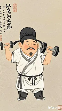 全景,水墨插画,极简主义，胖改唐代男士插画,在锻炼身体，举哑铃，现代人物与古风工笔画结合，画风细腻成熟，独特的“大脸”风格，识别度高，人物讨喜又不失韵味，可爱的Q版唐代风俗画 (4)