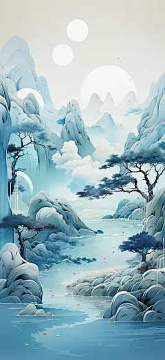 一幅山水3D水彩插图