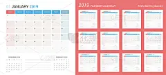 矢量2019年新年日历简易规划师设计。上周星期天开始。