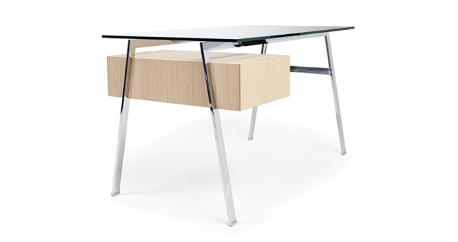 一款高雅多用的书桌，玻璃、实木和金属融合...