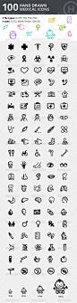100 Hand-drawn Medical Icons This set contains 100 fully scalable vector icons in a perfectly organized PSD, AI and other file formats. The topics covered are health care, pharmacy, health, medicine, anatomy, pregnancy, medical science and so on. http://s