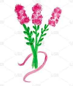 水彩画花束风信子花与丝带，孤立的花在白色的背景。手绘水彩花背景，垂直