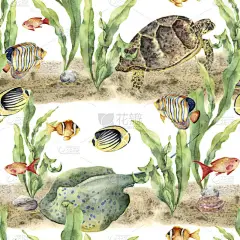 水彩的热带模式与动物和鱼。手绘热带鱼、 海藻、 黄貂鱼、 鹅卵石、 海龟、 孤立在白色背景上的贝壳。