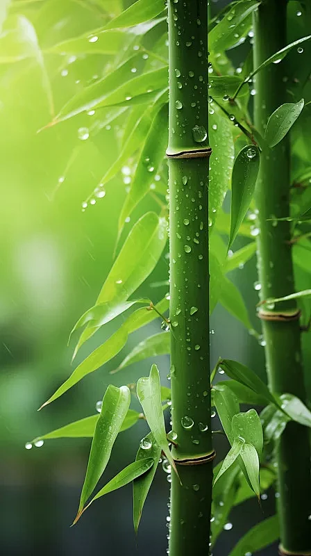 【AI数字艺术】竹子叶子露珠特写背景虚化...