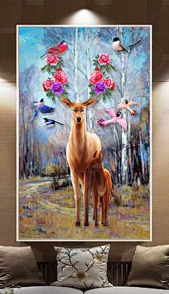 新中式牡丹花麋鹿花鸟画玄关背景墙装饰画