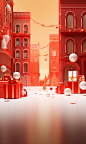 Christmas tv show illustration, in the style of vray tracing, red and orange, commercial imagery, trompe l'oeil compositions, playful use of light and shadow, minimalist cityscapes, kintsugi