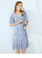 拉夏贝尔连衣裙2020夏季新款女通勤荷叶边v领短袖花色a字中长裙-tmall.com天猫