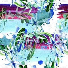 蓝色罕见的兰花。花植物学花。野生的春天叶。水彩插图集。水彩画时尚水族馆隔离。无缝的背景模式。织物壁纸