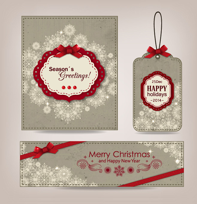 3款精美圣诞卡片设计矢量素材素材格式eps素材关键词卡片蝴蝶结雪花